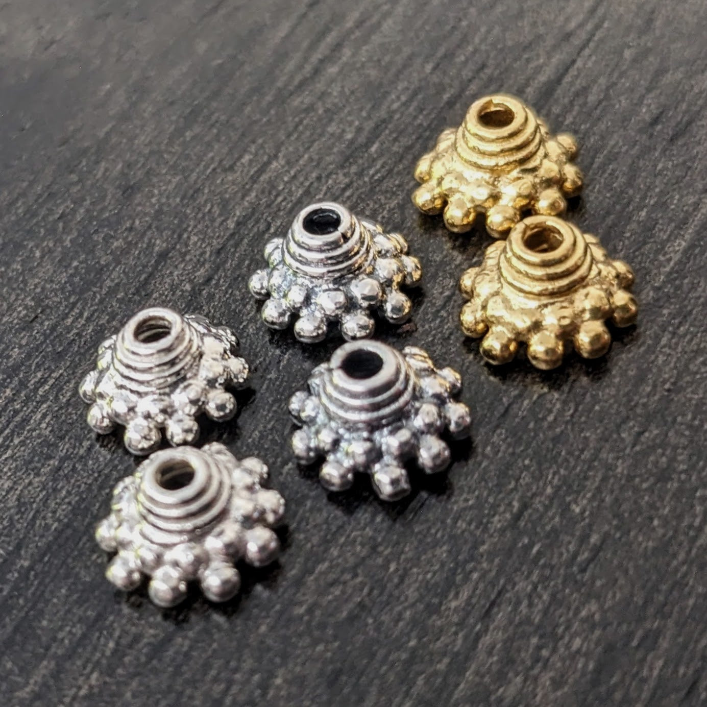 Bali Granulated Bead Caps, 5.5mm x 9.5mm, 1.5mm hole - sold by the pair