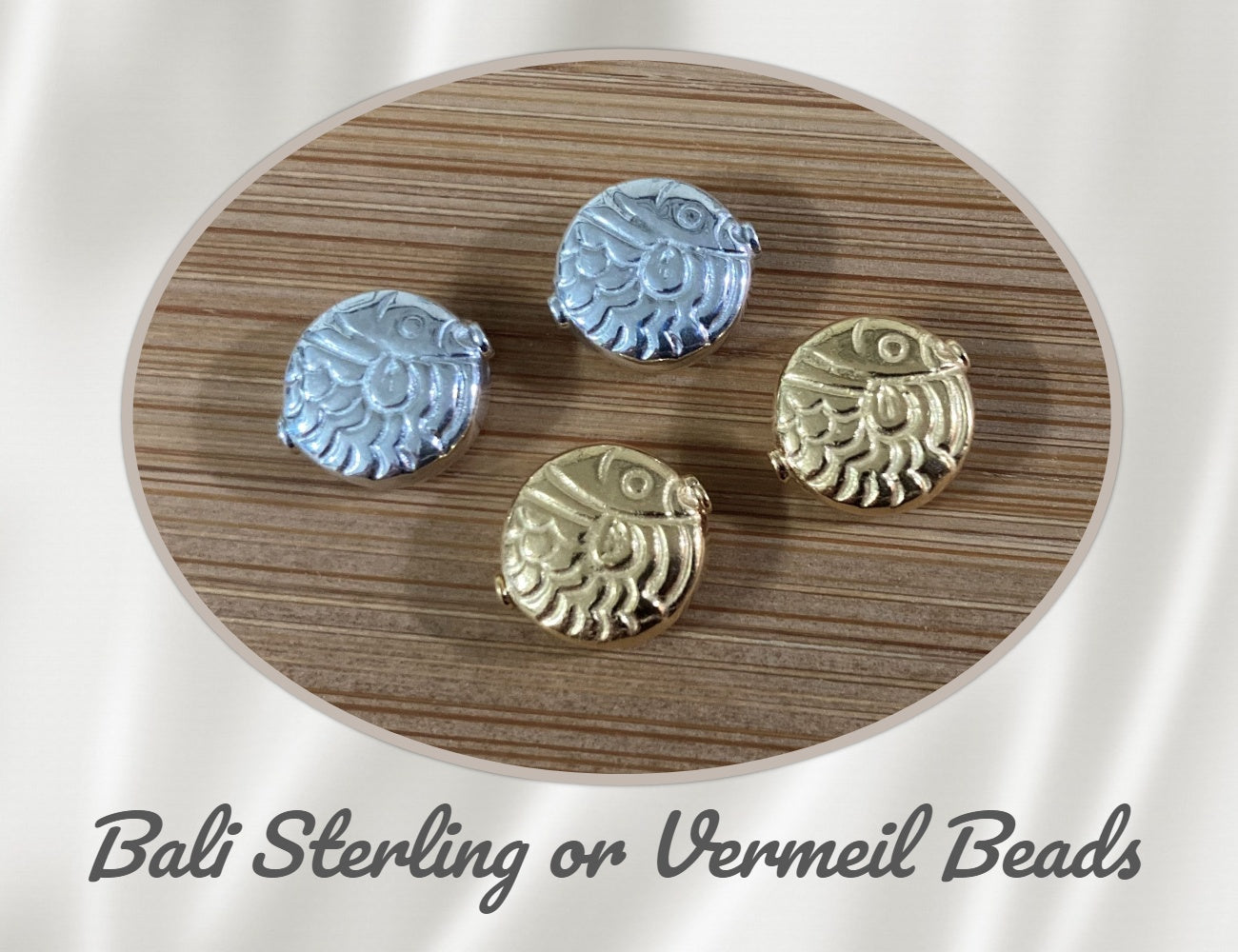 Bali Embossed Fish Beads in Sterling or Gold Vermeil, 12mm x 4.5mm (1mm hole) - sold individually