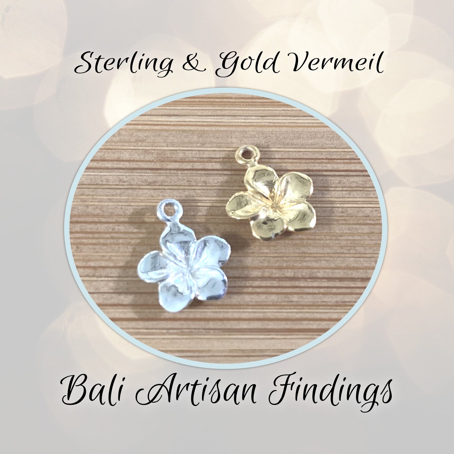 Bali Plumeria Flower Charms, 9mm wide x 10.7mm high (including loop) - sold individually