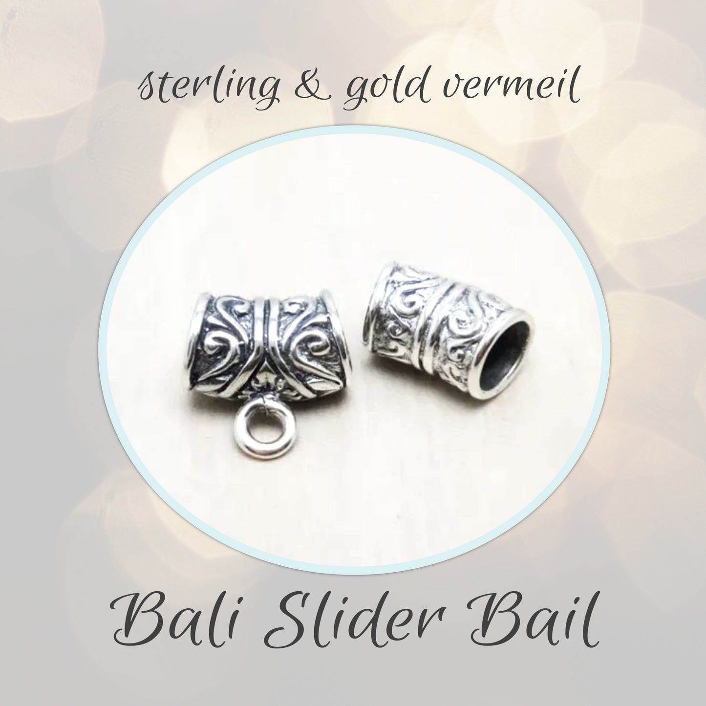 Scroll Design SLIDER Bail with loop in Bali Sterling Silver or 24kt Gold Vermeil, 10.5mm x 6.5mm (4.5mm opening) - sold individually